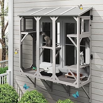 Cat Catio, Expandable Window Box Enclosure for Multiple Indoor Cats, Comfortable Wooden Small Pet Perch House, All-Weather Use, Keep Bugs Insects Out, with 4 Platforms and 3 Doors
