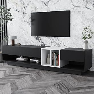 Merax Sleek and Stylish TV Stand with Perfect Storage Solution, Two-Tone Media Console for Television Up to 80'', Functional Cabinet with Versatile Compartment for Living Room, Black