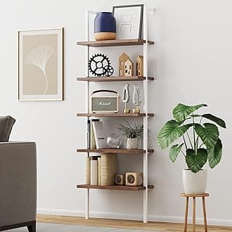 Theo 5-Shelf Wood Modern Bookcase, Open Wall Mount Ladder Bookshelf with Industrial Metal Frame, Light Brown Oak/White
