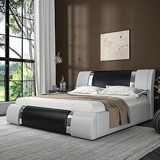 Allewie Full Size Bed Frame with Iron Piece Decor, Faux Leather Upholstered Platform Bed with Adjustable Headboard & Strong Wooden Slats, No Box Spring Needed, Black and White