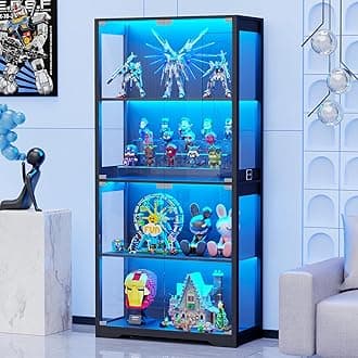 BROTTAR Display Cabinets with Glass Doors, Storage Cabinet with 3 Color Lights and Intelligent Human Sensor, Bookcase for Living Room, Glass Display Cabinets for Collectibles Trophy Books Black
