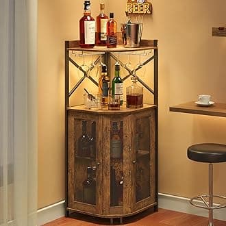 JKsmart Corner Bar Cabinet with LED Lights,Industrial Wine Cabinet with Glass Holder,4-Tier Wine Cabinet with Door and Shelf,Farmhouse Home Bar for Liquor Wine Coffee Storage,Rustic Brown