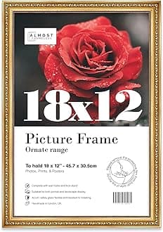 18x12 Gold Ornate Picture Frame 18"x12"(45.7x30.5cm) Poster, Photo, Artwork, or Print. Baroque Style Portrait and Landscape Display with Wall Hooks