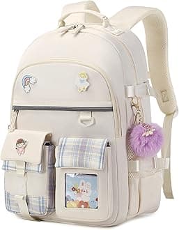 Backpack for Girls, 15.6 Inch Laptop School Bag Kids Kindergarten Elementary College Backpacks Large Bookbags for Teen Girl Women Students Casual Travel Daypacks (Beige)