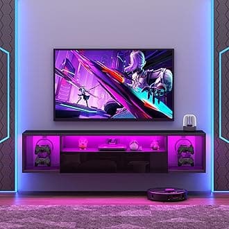 SogesPower Floating TV Stand Wall Mounted with Lights,LED TV Stand Floating Entertainment Center with Storage for Bedroom Living Room,Modern Floating Shelf for Under TV, Black 55inch