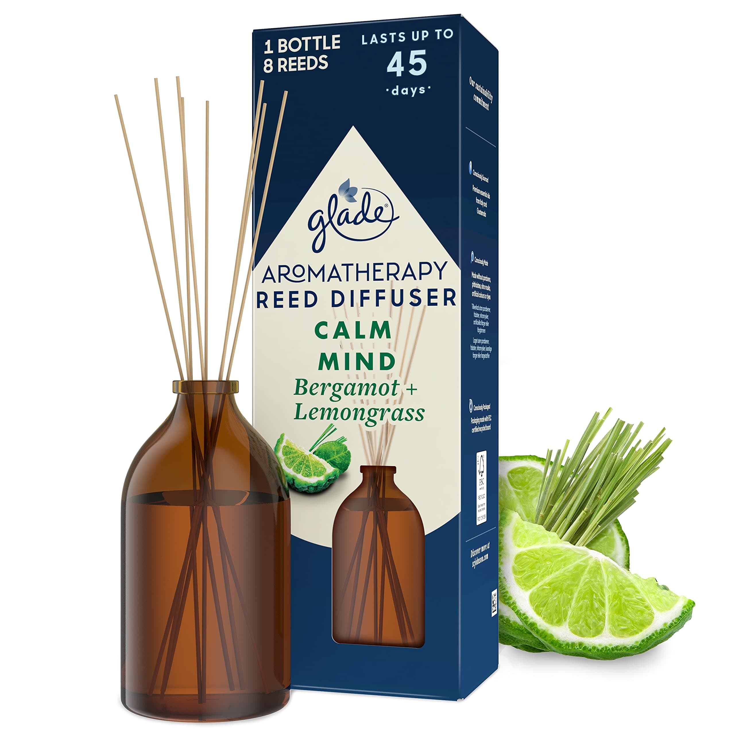 Glade Aromatherapy Reed Diffuser, Home Décor Essential Oils Diffuser Soothing Fragrance, Calm Mind with Italian Bergamot & Guatemalan Lemongrass, 80 ml