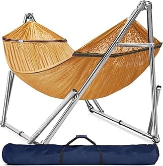 Tranquillo Double Hammock with Stand 650lb Capacity Double Hammock with Spreader Bar, Solid Grade 201 Stainless Steel 30s Set Up, Sturdy Flexible Hammock Stand Portable, Outdoor Indoor, Yellow