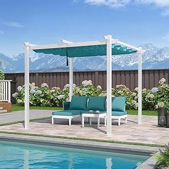 PURPLE LEAF 10' x 10' Outdoor Aluminum Pergola White Heavy-Duty Retractable Pergola with String Lights Patio Metal with Double Sun Shade Canopy for Backyard Gardens Deck, Blue