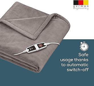 Beurer HD150 XXL Electric Blanket with 6 Temperature Settings, Soft Heated Throw for Cosy Sofa Nights, Automatic Switch-Off & Safety System, Machine-Washable, Taupe, 200 x 150 cm