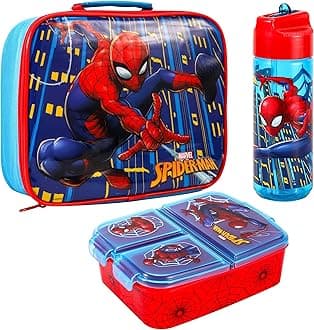 Zawadi Global Kids Childrens Lunch Box Set – Insulated Lunch Bag, Multicompartment Lunch Box & 540ml Water Bottle - School Travel Lunch Food Set, BPA Free (Spiderman)