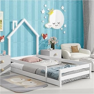 Dolonm Twin Size Montessori Toddler Floor Bed Frame, Modern House-Shaped Frame Headboard Bed with Fences, Pine Wood with Full-Length Guardrails, Bed for Girls Boys(Without Slats), White