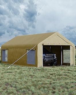 13x25 Ft Carport with 10 Sandbags, Car Port with 220g PE Tarp, 2 Roll-Up Doors, and 4 Windows, for Full-Size Pickups, Bass Boats, Tractors, and SUVs, Khaki