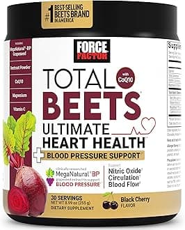 Force Factor Total Beets Ultimate Heart Health Blood Pressure Support with CoQ10, Beet Root Powder, Grape Seed Extract, Blood Pressure Supplement for Circulation, Black Cherry, 30 Servings