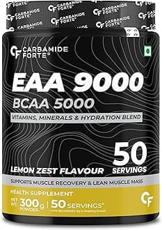 Carbamide Forte Eaa Supplement With Bcaa 5000Mg | Eaa intra workout Supplement For Men & Women With Hydration Blend & Vitamins – Lemon Zest Flavour - 50 Servings - Powder 300G