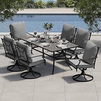 7-Piece Patio Dining Set for 6, E-Coated Outdoor Dining Set Swivel Patio Dining Chairs with Olefin Cushions & 1 Black Rectangular Faux Woodgrain Dining Table with 1.5”Market Umbrella Hole