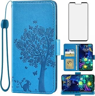 AsuwishCompatible with LG V50 ThinQ Wallet Case and Tempered Glass Screen Protector Flip Wrist Strap Card Holder Stand Cell Phone Cover for LGV50 5G V 50 Thin Q V50ThinQ 50ThinQ 50V Women Men Blue