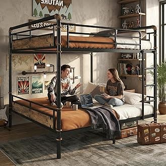Queen Over Queen Industrial Bunk Beds for Teens or Adults, Heavy-Duty 2 in 1 Metal Convertible Bunk Bed with Ladder and Slats Support,15.9" High Guard Rail,Space-Saving,Noise Reduced,Black