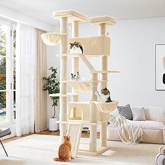 Allewie 81 Inches Tall Cat Tree/Multi-Level Large Climbing Tree House and Towers for Big Feline/Condo and Hammock/Scratching Post/Wide Base/Beige