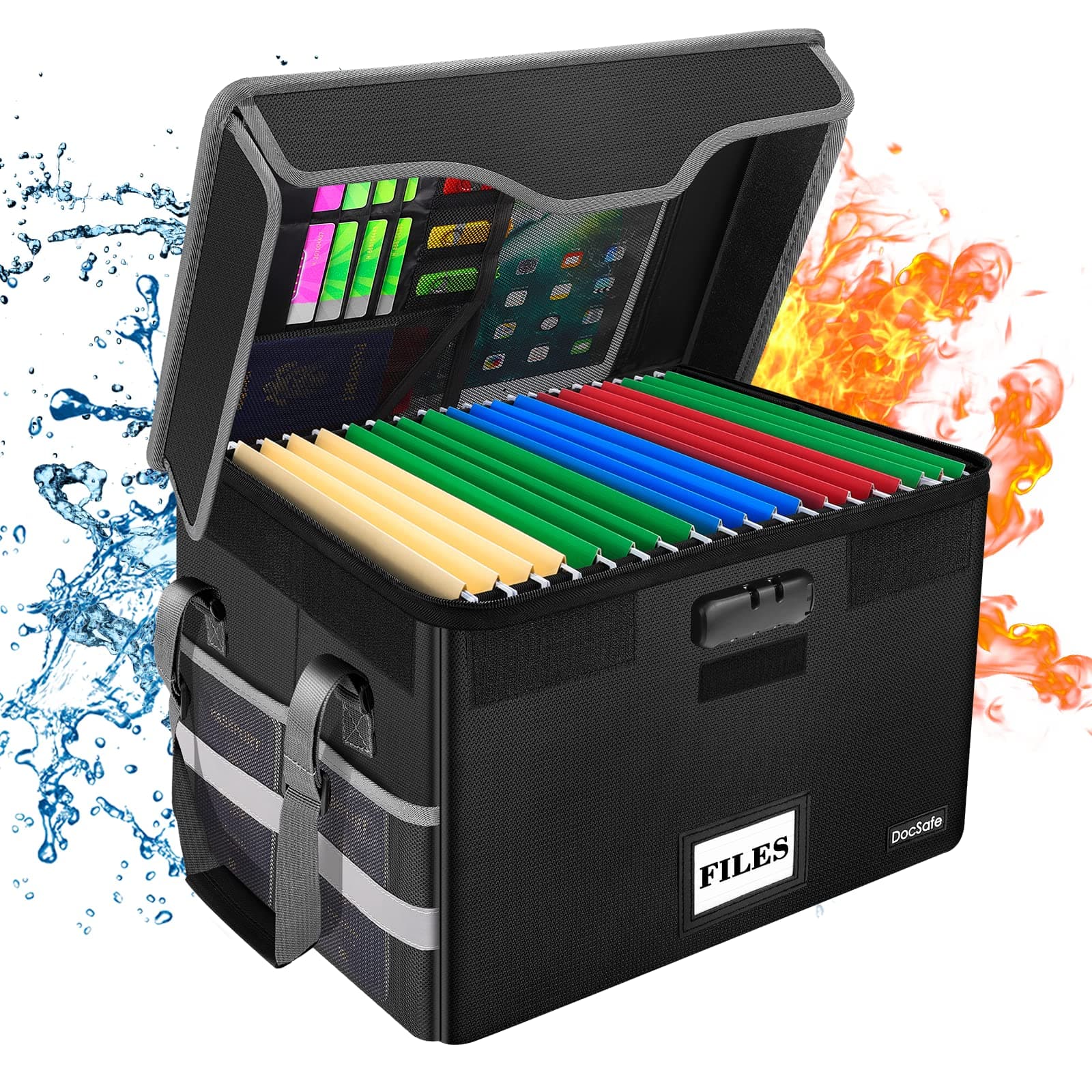 DocSafe Fireproof Document Box with Lock, File Storage Organizer with Mesh Pockets, Collapsible Portable File Box Home Office Safe Filing Cabinet with Handle for Hanging Letter/Legal Folder, Black