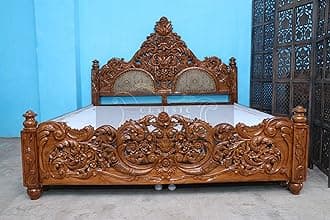 CLASSIC WOOD & CRAFT Hand-Carved Solid Teak Wood King Size Bed Royal Victorian Designer Wooden Bed with Heavy Floral Carving High Headboard & Footboard Luxury Bedroom Furniture