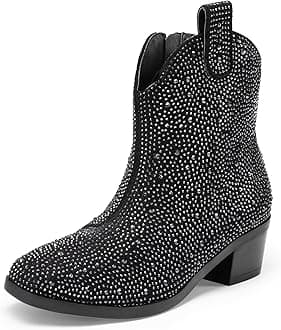 DREAM PAIRS Girls Cowgirl Cowboy Rhinestone Boots Ankle Low Heel Dress Booties