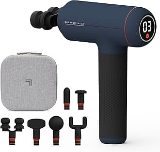 Deep Tissue Percussion Massage Gun, Powerboost Max Rechargeable Handheld Massager, 7 Adjustable Speeds, 6 Attachment Heads & Carrying Case, Full Body Muscle Pain Relief, Blue