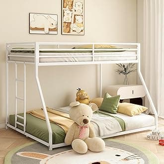 Bellemave Twin Over Full bunk Bed，Metal Floor Bunk Bed, Bunk Bed for Kids, Adults, Bunk Bed for Boys, Girls, Adult bunk beds Heavy Duty, Twin Over Full, White, FST00121-TF-AK1