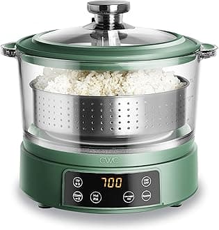 COOK WITH COLOR 3L Glass Mini Low Carb Rice Cooker – Holds 2 Cups Raw/Makes 6 Cups Cooked with Auto Lift Filter Basket, Hotpot & Steamer for Rice, Grains, Digital Panel with Keep Warm, Dark Sage