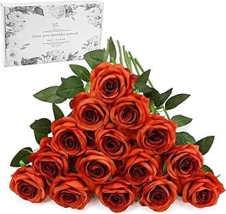 Orange Fake Roses Artificial Flowers - 16 Pcs Fake Artificial Roses Silk Flowers with Stems for Home Wedding Hotel Office Centerpiece Decor（Burnt Orange）