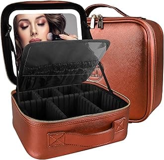MOMIRA Travel Makeup Bag Cosmetic Bag Makeup Organizer Bag with Lighted Mirror, Adjustable Brightness in 3 Color Scenarios, Waterproof Makeup Train Case, Gift for Women, Z-Brilliant Orange, S