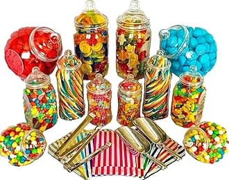 JUMBO 12 Assorted Jars 2 Scoops, 2 Tongs, 100 Bags - Vintage Victorian Pick & Mix Sweet Shop Candy Buffet Kit Party Pack (YELLOW)