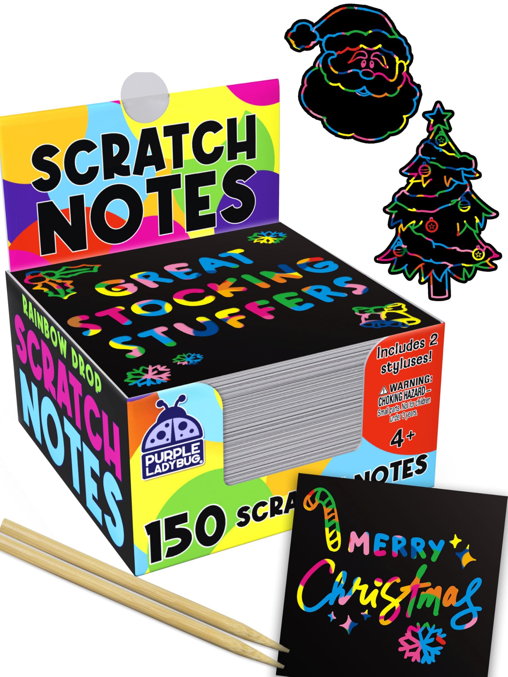 Rainbow Scratch Off Mini Notes + 2 Stylus Pens Kit: 150 Sheets of Rainbow Scratch Paper for Kids Arts and Crafts, Airplane or Car Travel Toys - Cute Unique Gift Idea for Kids, Girls, Women, or Anyone!