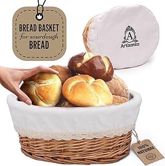 Large Handmade Wicker Bread Basket for Serving Set – 12 inch Sourdough Bread and Pastries Basket with Removable Liner and Cover Bread Storage Container and Fruit Basket