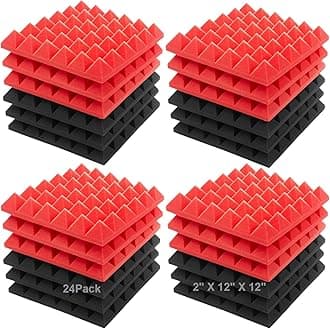 JBER Acoustic Sound Foam Panels, 24 Pack 2" X 12" X 12" Red and Black Soundproofing Treatment Studio Wall Padding Sound Absorbing Fireproof Pyramid Acoustic Treatment