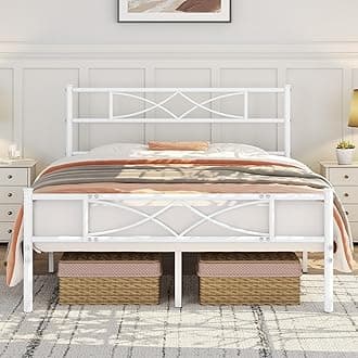 Yaheetech 4ft6 Double Bed Frames Metal Slatted Bed Platform with Curved Design Headboard and Footboard, Under-bed Storage, No Box Spring Needed, 12 Built-in Steel Slats, White