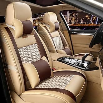 FREESOO Car Seat Cover, Leather Seat Covers Full Set, Classic Breathable Padded Automotive Seat Protector Most Sedan SUV Truck Universal with Pillows Khaki Brown