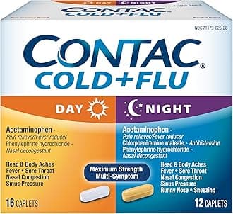 Non-Drowsy Day & Multi-Symptom Night Cold & Flu Medicine, Maximum Strength Relief for Fever, Sore Throat, Nasal Congestion, Head & Body Aches, Runny Nose, 28 Count, 16 Day, 12 Night Caplets