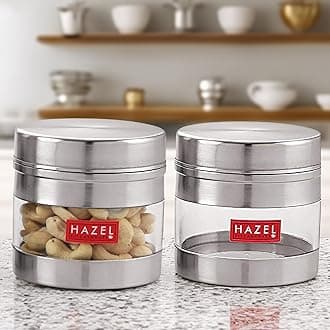 HAZEL Stainless Steel Transparent See Through Container Set of 2, Silver, 350 ML Each