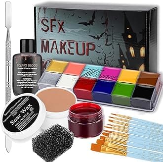 Pro SFX Makeup Special Effects Kit 12 Colors Face Body Paint Oil Based with Scar Wax,10 Face Paint Brushes,Spatula Tool,2 Fake Scab Blood,Black Stipple Sponge