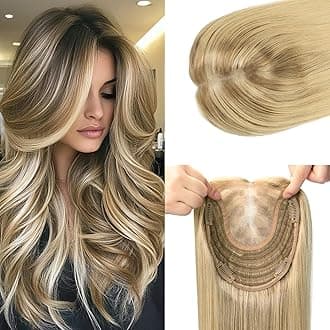 Hair Toppers for Women Real Human Hair 150 Density 6x7 inch Base 12 inch 55 grams Golden Brown with Caramel Blonde Human HairTopper for Women with ThinningHair Cover Gray Roots（#102727 12inch）
