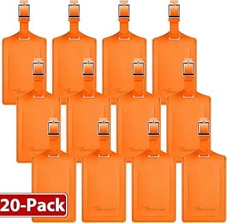 Travelambo 20 Pack Luggage Tags for Suitcases Privacy Protection Bag Tags Faux Leather Travel Accessories Essential, Hot Orange