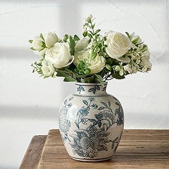 SIDUCAL Ceramic Chinoiserie Floral Vase | 6.3 Inch Blue and White Vintage | Retro Ice Cracked Blue and White Porcelain Vase for Table, Living Room, Bathroom Decoration, Shelf Decor, Mantel