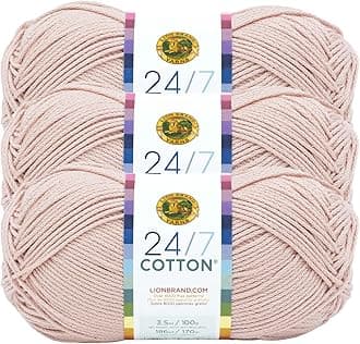 Lion Brand Yarn, 24/7 Cotton Mercerized Lightweight Yarn for Knitting, Crochet, and Crafts, Beechnut, 3 Pack, 185 Yards of Natural Fiber for Breathable Tops, Durable Bags, and Easy-Care Dish Cloths