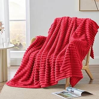 Fleece Throw Blanket for Couch, 300GSM Soft & Warm Fluffy Queen Blanket, Decorative and Giftable Striped Red Blankets for Women, Men, 50"x60"