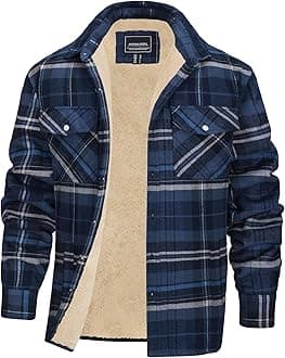 EKLENTSON Men's Flannel Shirt Jacket Thick Fleece Lined Jackets Plaid Sherpa Jacket Cotton Winter Jackets With 5 Pockets