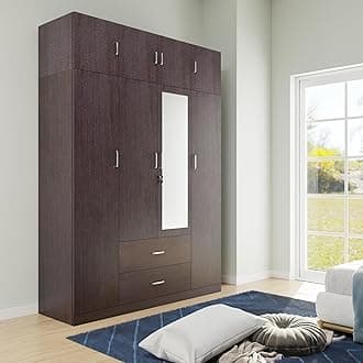 Wardrobe | Wooden Almirah for Clothes,Door for Bedroom with Loft, 4 Door Wardrobe with Drawer, Mirror & Hanging Space (Dark Wenge - 40D x 160W x 220H) | 1 Year Warranty | Free Assembly