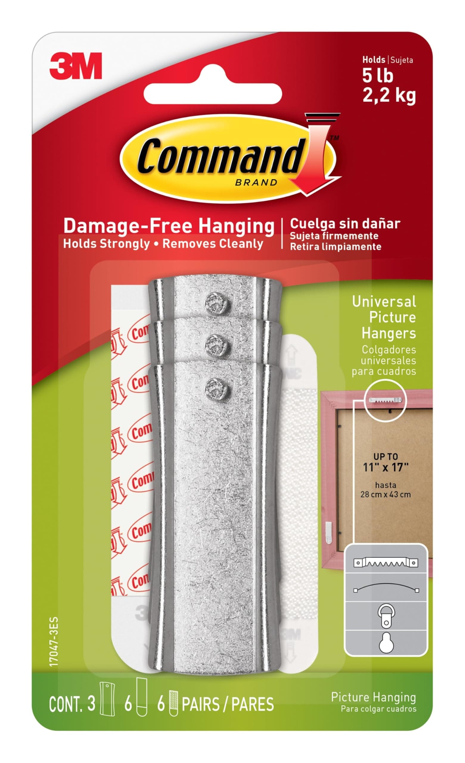 Command Large Universal Frame Hanger, 3-Hangers, 6-Strips, 6-Frame Stabilizer Strips, Decorate Damage