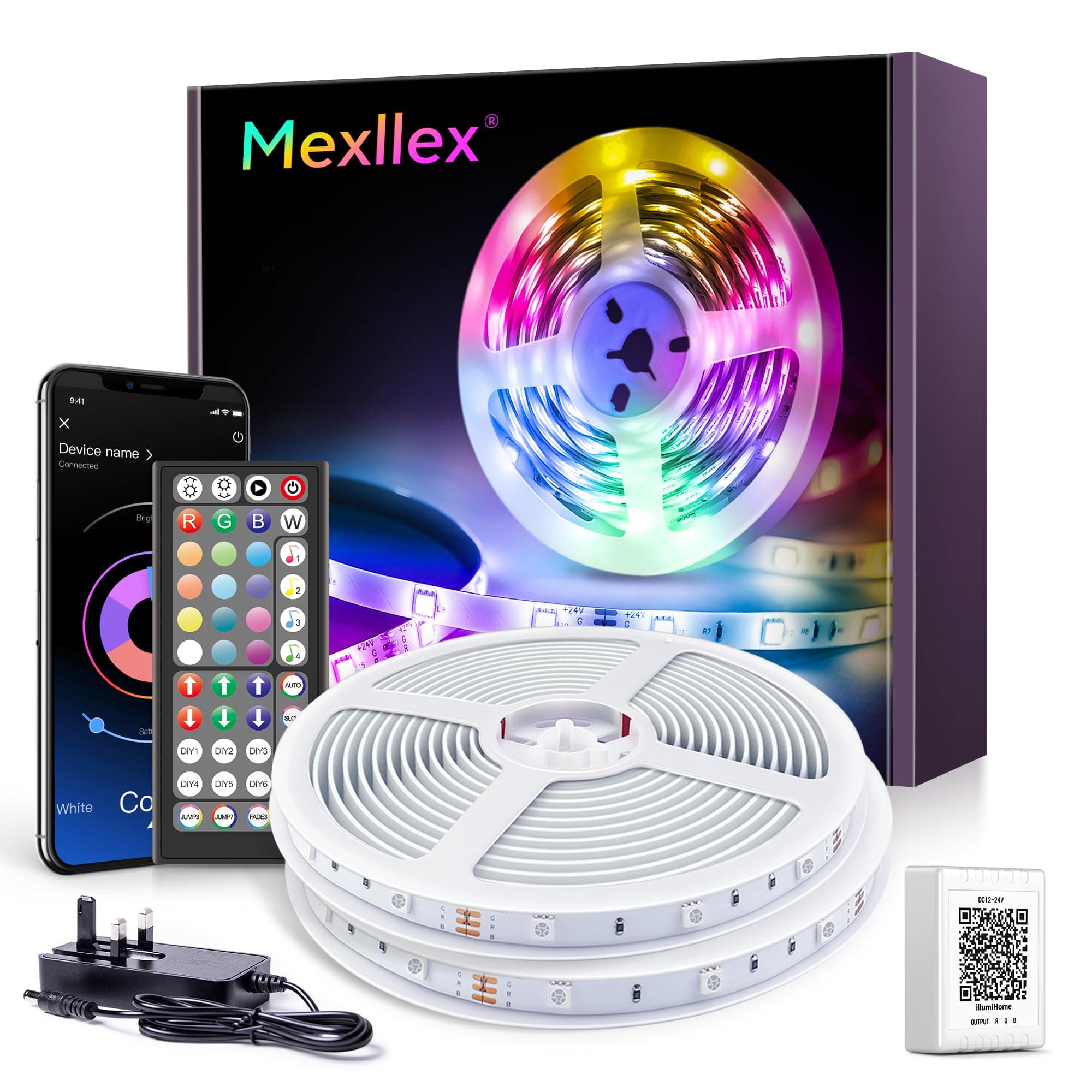 Mexllex LED Strip Lights with Remote 20m, Bluetooth RGB Color Changing Lights with Remote Control,Timing Function, Music Sync Lights for Bedroom Home Decoration Light (2x10m)