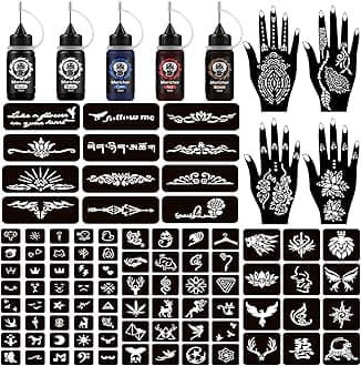 Moricher Temporary Tattoo Kits 5 Inks 102 Stencils, Henna Tattoo Kit with Mandala Stencils Semi Permanent Tattoo Markers Jagua Gel for Women Men Kids DIY Art Painting Party Gifts