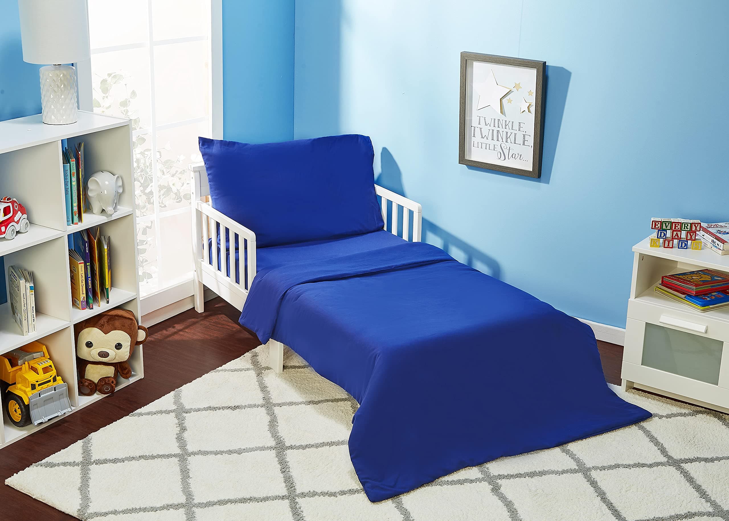 4 Piece Toddler Bedding Set - Includes Comforter, Flat Sheet, Fitted Sheet and Reversible Pillowcase - Solid Navy